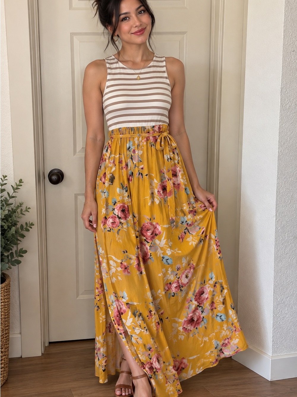 Striped Tank Bodice Floral Maxi Skirt in Mustard Yellow